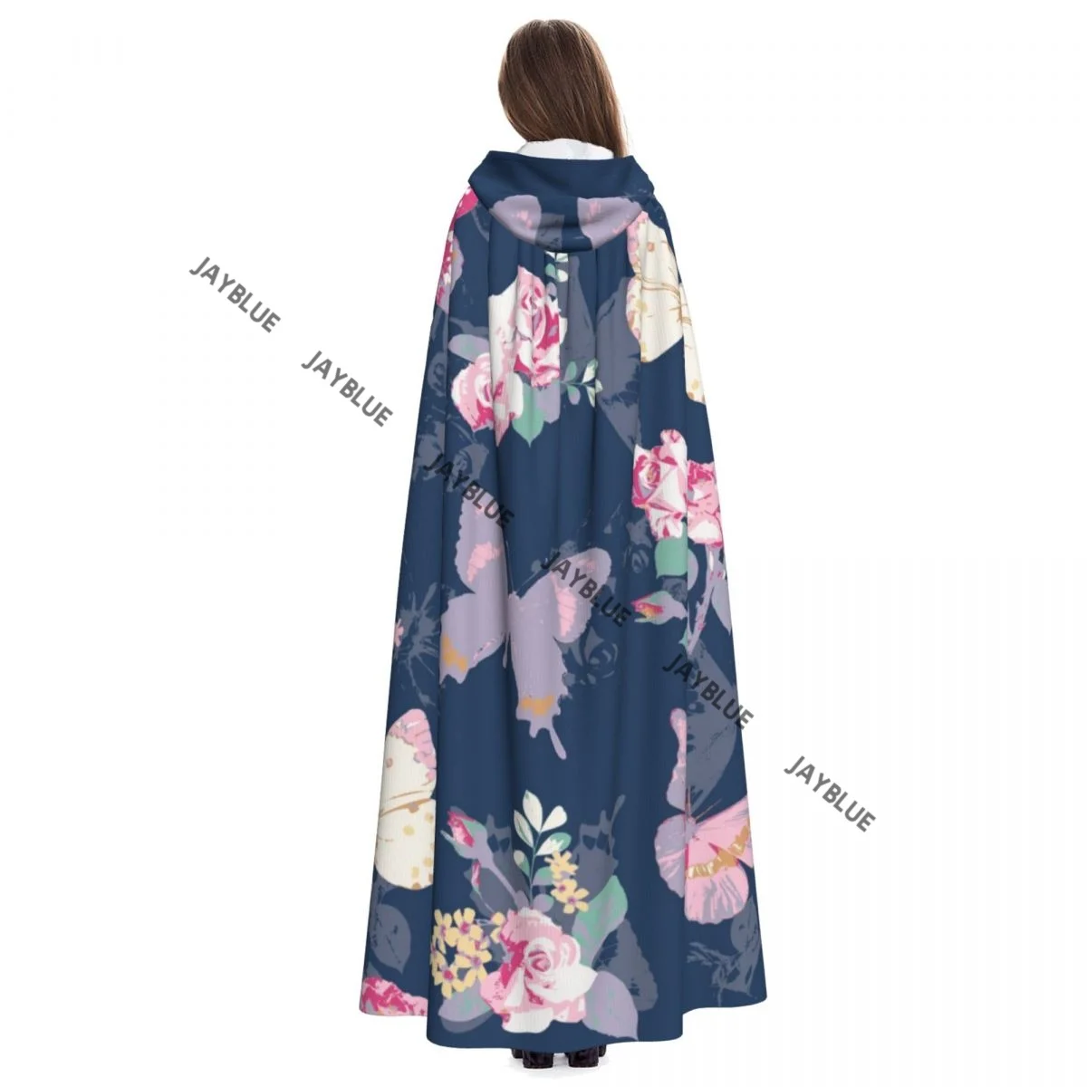 Плащ для взрослых накидка с капюшоном роза бабочкой на темно-синем фоне