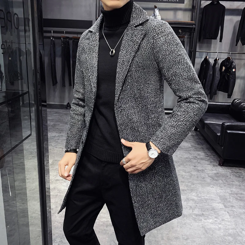 2022Men's Thick Wool Blends Trench Long Casual Top Coats Fashion Warm Coat Lapel Collar Overcoat Plus Size Male Slim Windbreaker