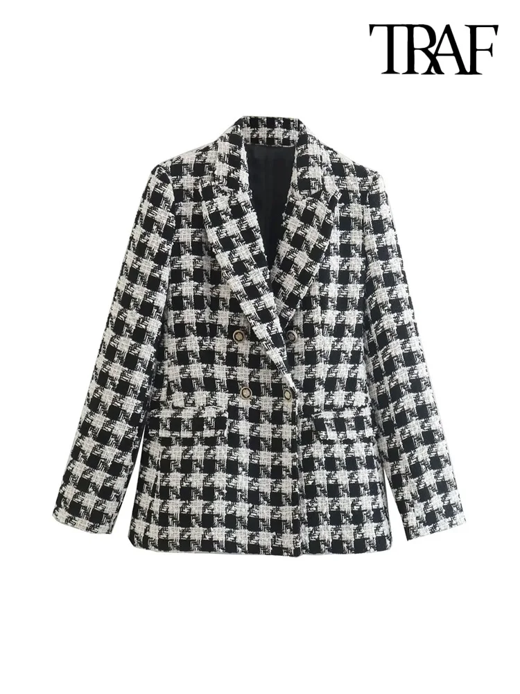 TRAF Women Fashion Tweed Houndstooth Checkered Blazer Coat Vintage Long Sleeve Flap Pockets Female Outerwear Chic Veste