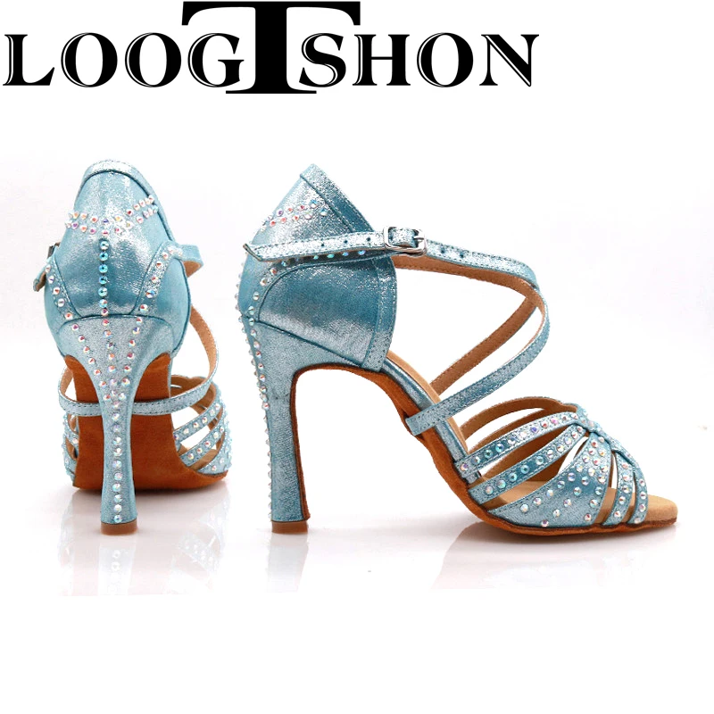 Loogtshon  Latin dance shoes women dancing shoes classic rhinestone shoes roman heel cone heel dance shoes professional heels