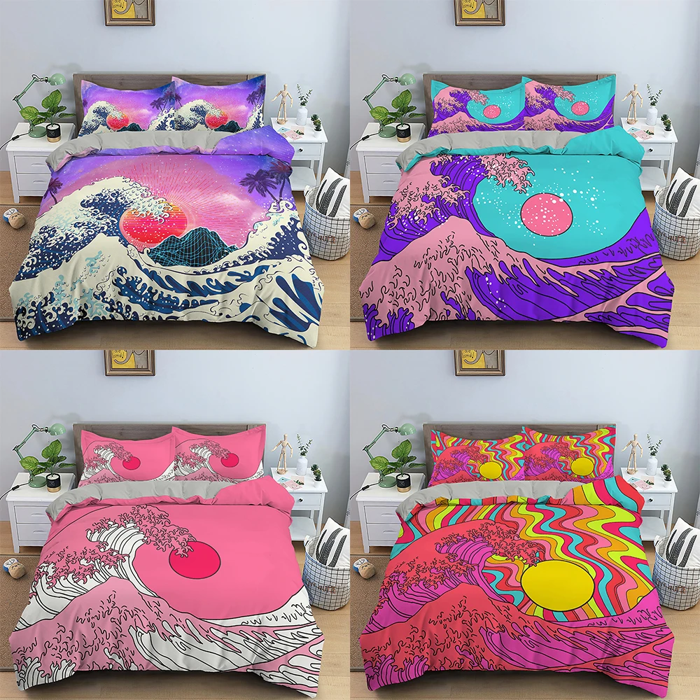 

Japan Style Adults Duvet Cover 2/3Pcs Queen King Size Sea Wave And Sun Pattern Bedding Set Home Bedroom Abstract Art Quilt Cover