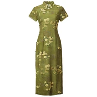 thin green short sleeve chinese dress green traditional wedding dresses cheongsam women retro daily buttons flowers clothing