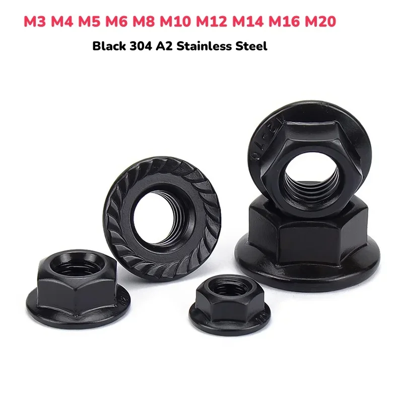

M3 M4 M5 M6 M8 M10 M12 M14 M16 Черная фланцевая гайка 304 A2 Нержавеющая сталь Шестигранная шестигранная зубчатая фланцевая гайка Контргайка