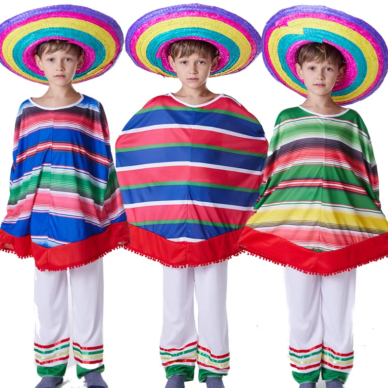 Halloween Mexican Ethnic Customs Cosplay Costume Kids Stripe Cloak Shawl Straw Hat Children Boys Girl Masquerade Ball Suit