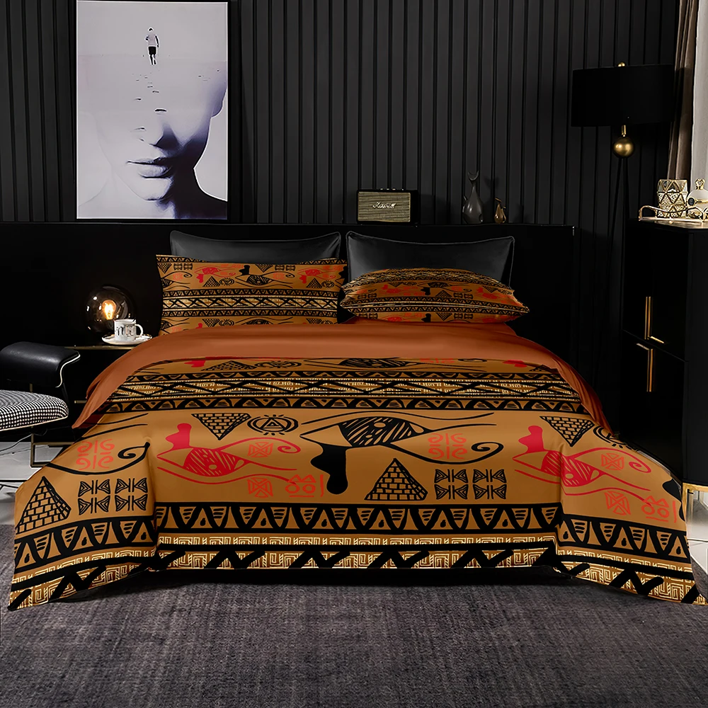 

2/3 Set Bedding Set Black Red Totem Print,Light Brown Duvet Cover 220x240,Retro Style Set with Pillowcase for King Queen Size