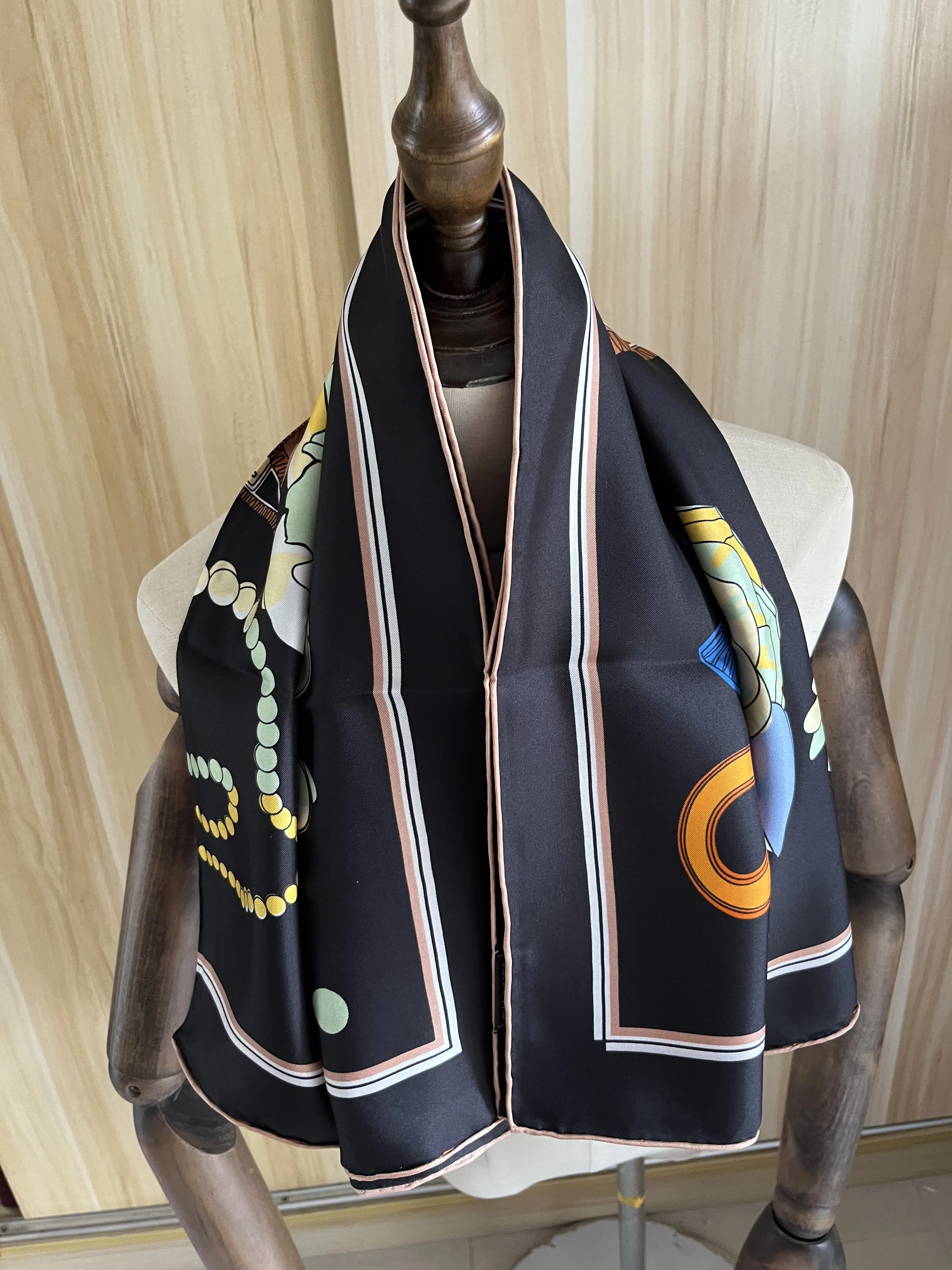 

2022 new arrival fashion elegant brand black 100% silk scarf 90*90 cm square shawl twill wrap for women lady girl