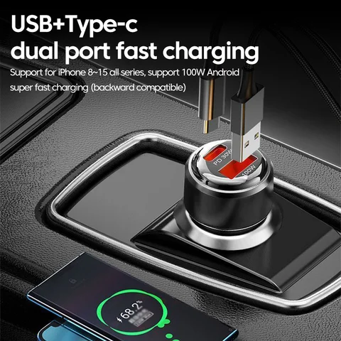 Автомобильное зарядное устройство USB 100 Вт, быстрая зарядка для OPPO Huawei Xiaomi PD30W, автомобильное зарядное устройство типа C для iPhone 16 15
