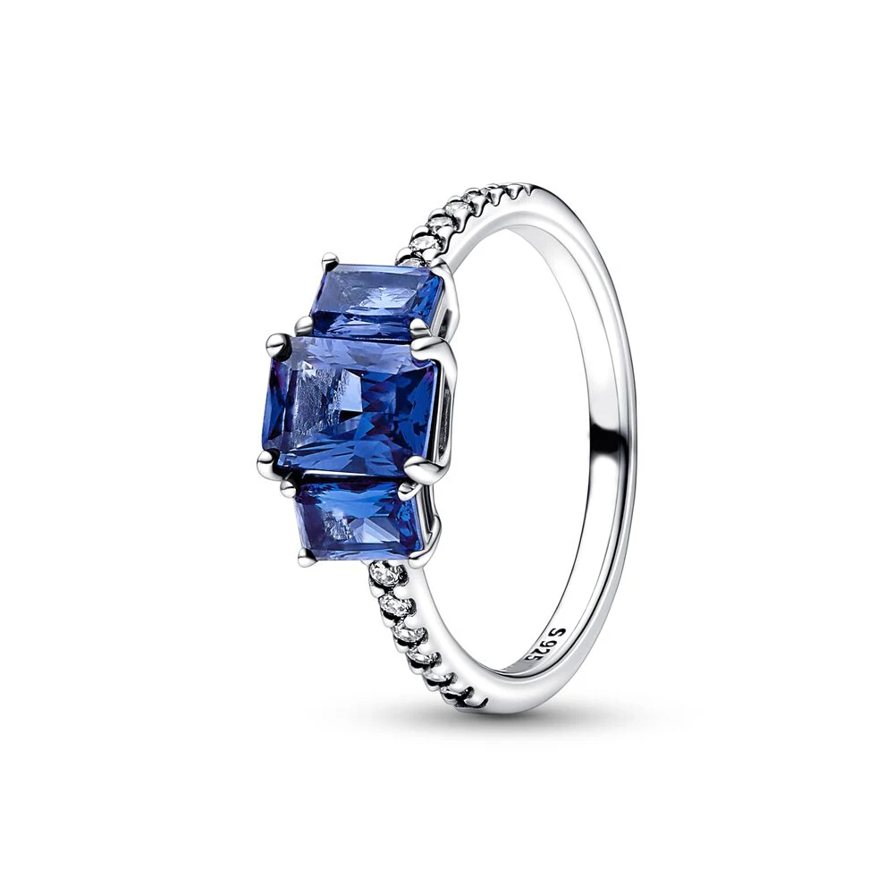 Pandora-Bague Rectangulaire Bleue à Trois Pierres de Rotterdam en Argent 925, Bijou Romantique Doux Haut de Gamme, Accessoires pour Femme
