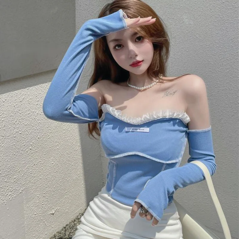 

Girl Swwet Spice Halter Neck Strapless Ruffle Design Slim Long Sleeve Short T-shirt Tees Korean Sweet Top Women Tops W8RH