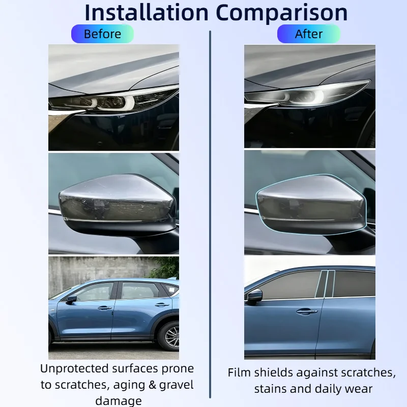 Фото Защитная пленка из ТПУ для фар, зеркал заднего вида и B-стойки Mazda CX-5 2022-2024, предварительно вырезанная, прозрачная/дымчатая, антицарапийная наклейка №3