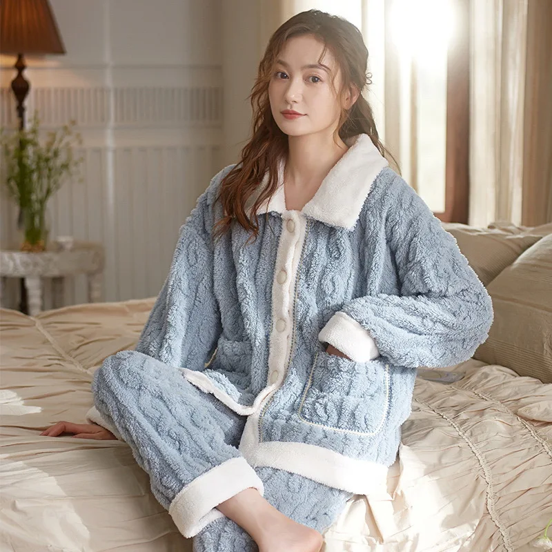 Autumn And Winter Flannel Solid Colour Women's Pajamas Cardigan Long Sleeve Long Trousers Coral Fleece Suit Home Pajama Sets