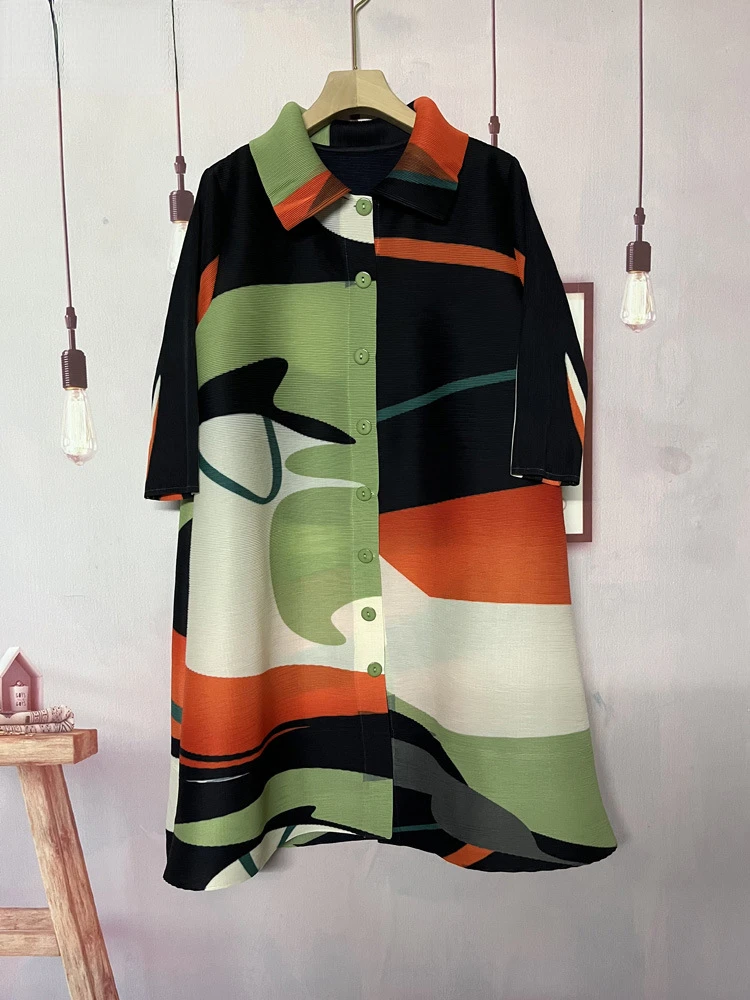 

Pleated Turn-down Neck Dress Women Summer Trend Single Breasted Patchwotk A-line Three Quarter Sleeve Lady Elegant