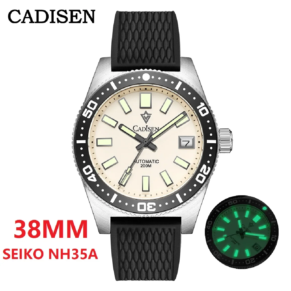 

CADISEN 38mm Diving Watch Men Automatic Mechanical Wristwatch Luminous Bezel 200M Waterproof NH35 Movement Rubber Wrist watch