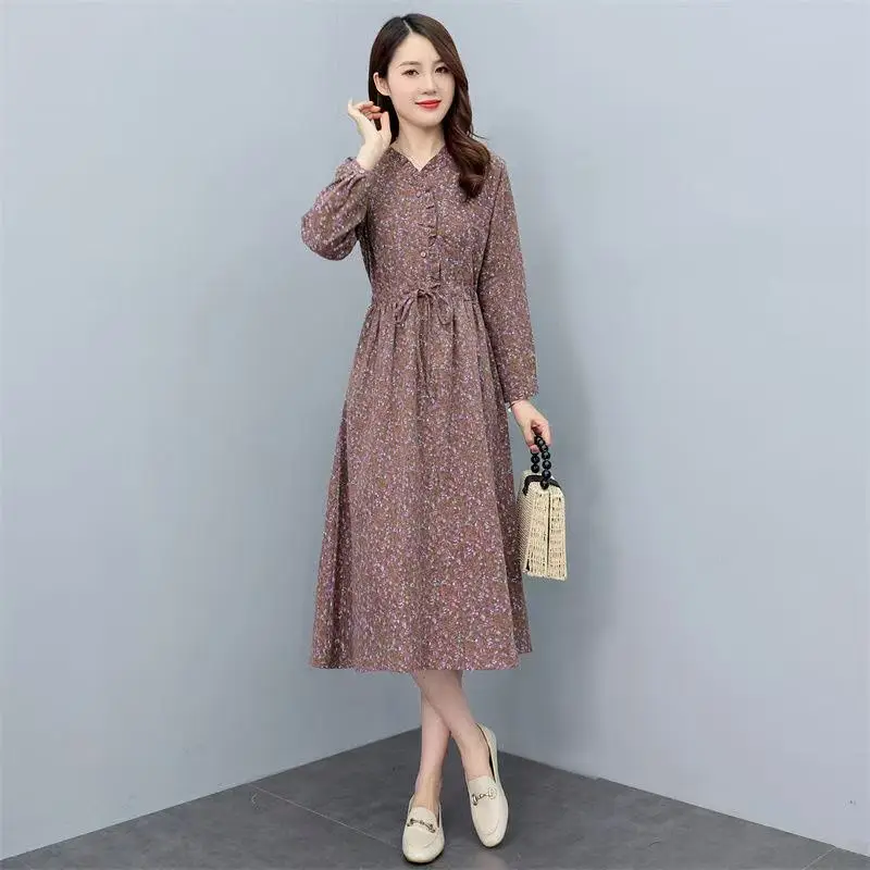 Новинка 2023 года весна-лето женские платья миди с длинным рукавом и v-образным