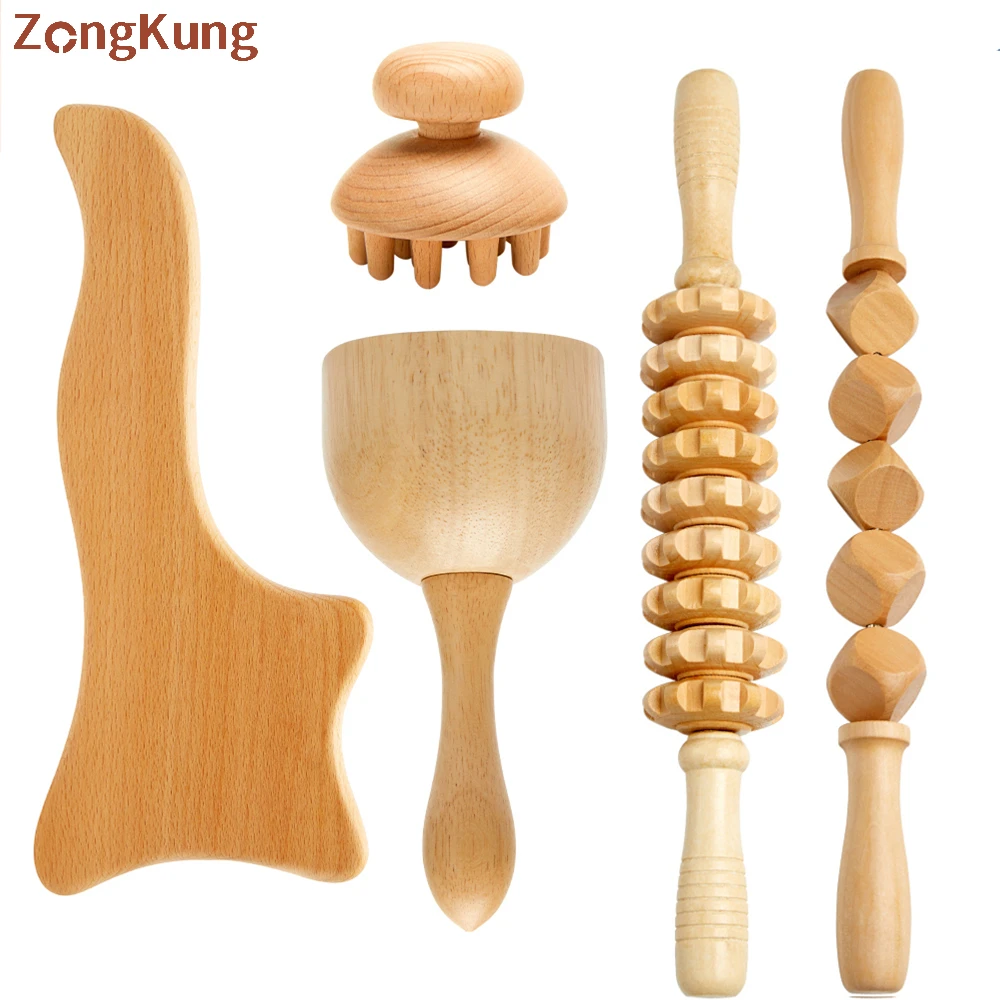 

ZONGKUNG Wood Therapy Massage Tools Wooden Massager Roller Anti Cellulite Gua Sha Cup Maderoterapia Kit for Lymphatic Drainage