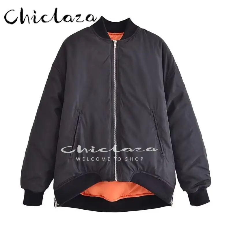 

CHICLAZA 2022 Autumn Winter Women Fashion Black Oversized Bomber Jacket Coats Female Casual Long Sleeves Parkas Outerwear