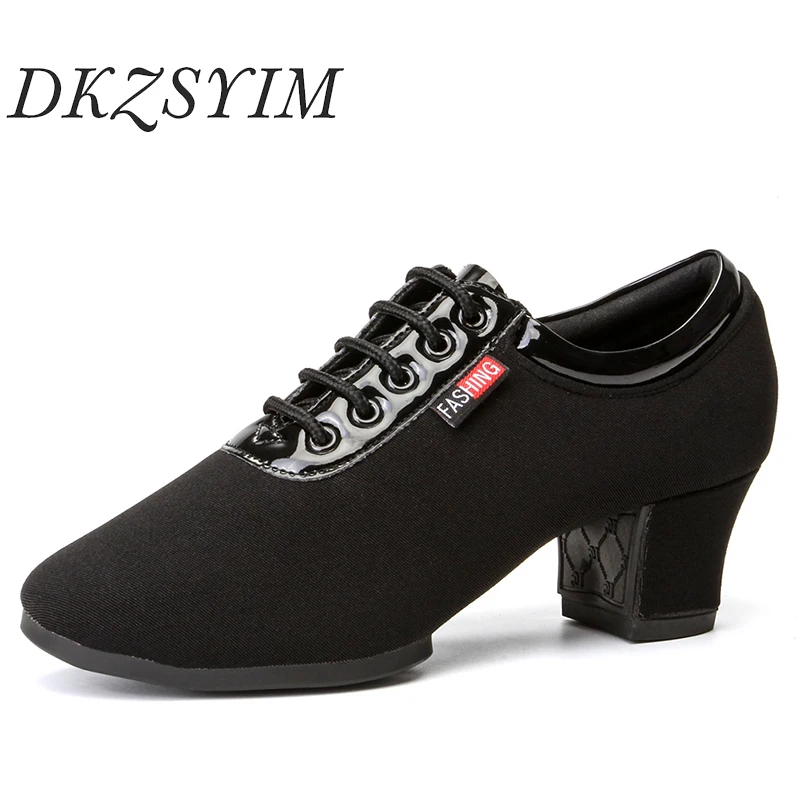 

DKZSYIM Dance Shoes Women Ballroom Tango Modern Latin Jazz Soft Sole Practice Dancing Shoe Oxford Cloth Black Red Heeled 3.5/5cm