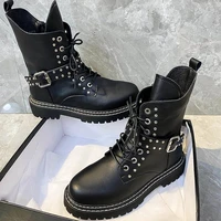 2022 new winter british style women boots side zipper shallow anti skid botas mujer fashion short tube thick heel leather boots