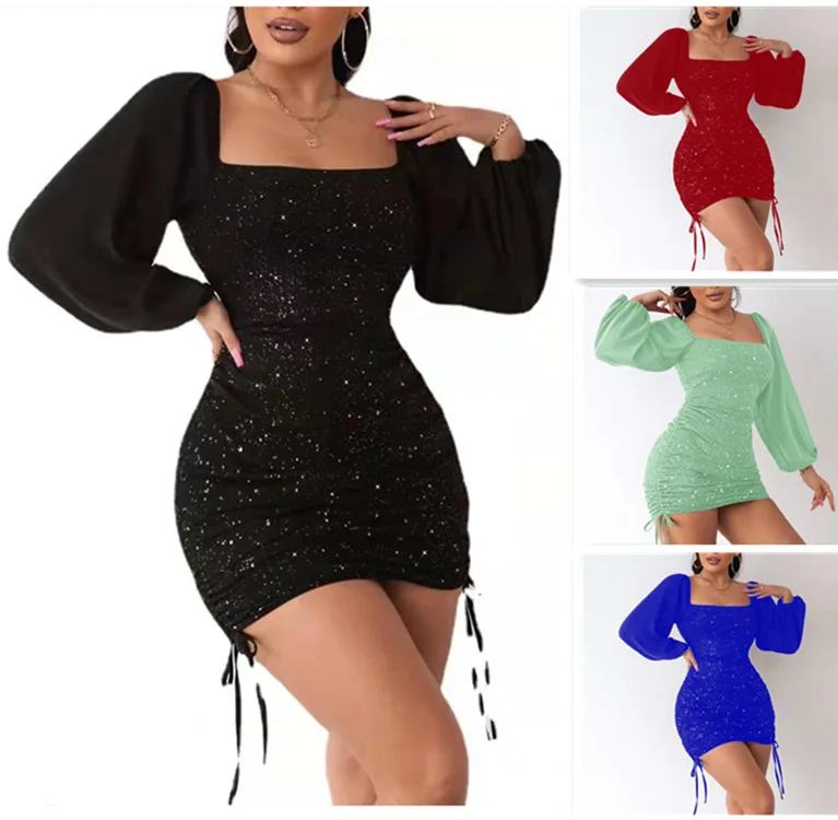 

High Waist Long-Sleeve Mini Dress Flat-Fitting Collar Sexy Dress Solid Color Fashion Slim Fit Bodycon Dresses