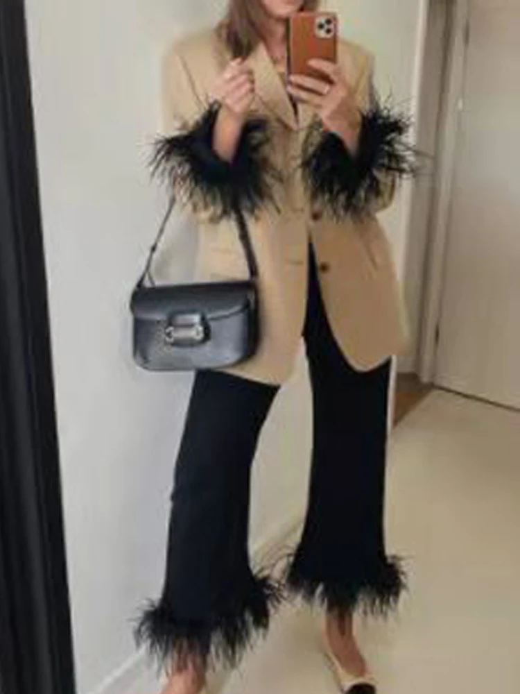 

Women Contrast Color Small Suit Two-Piece Suit Spring Loose Button Jacket Feather Sleeve Nine-Point Pants Suit OL Fashion Suits