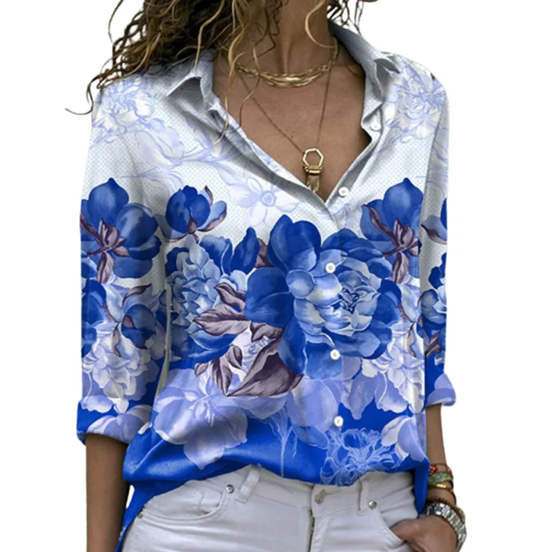 

Fashion Floral Print Button-Up Shirt Women Casual Lapel Long Sleeve Office Blouse Female Streetwear 3d Bloom Tops Ladies Blouses