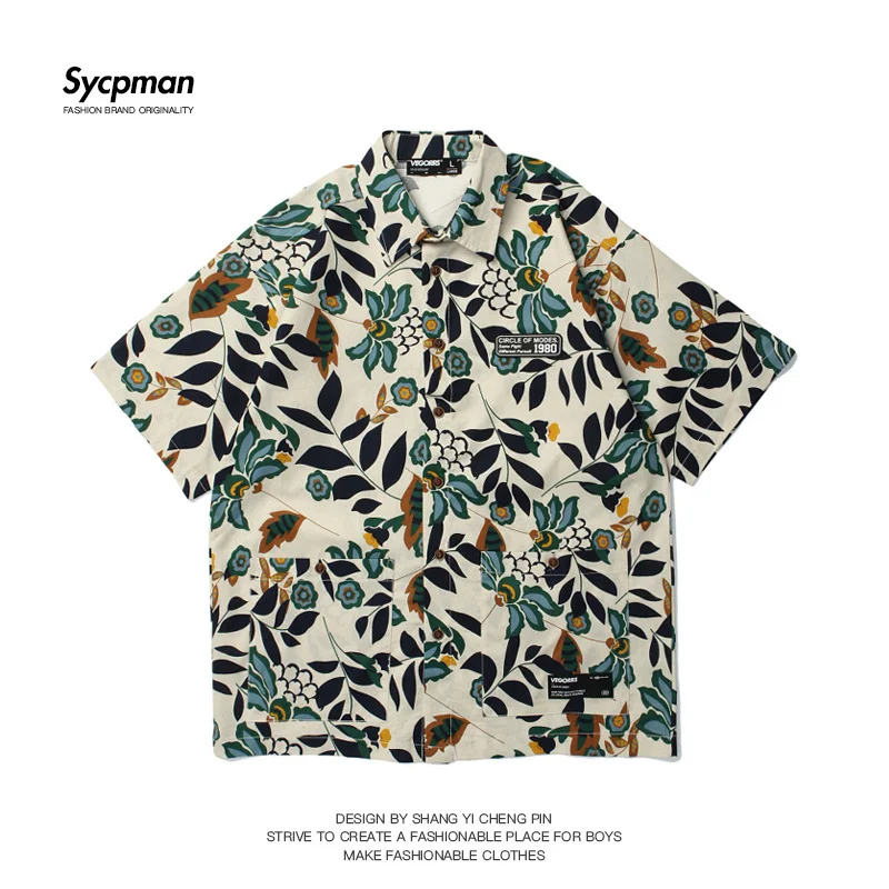 

Oversize American Retro Floral Printed Short Sleeve Shirt Hip Hop Loose Casual for Men Women Shirts