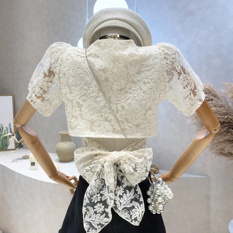 

New Women's Clothing 2022 Summer Design Embroidered Lace Crochet back Bandage puff Short Sleeve Shirt Top blusa