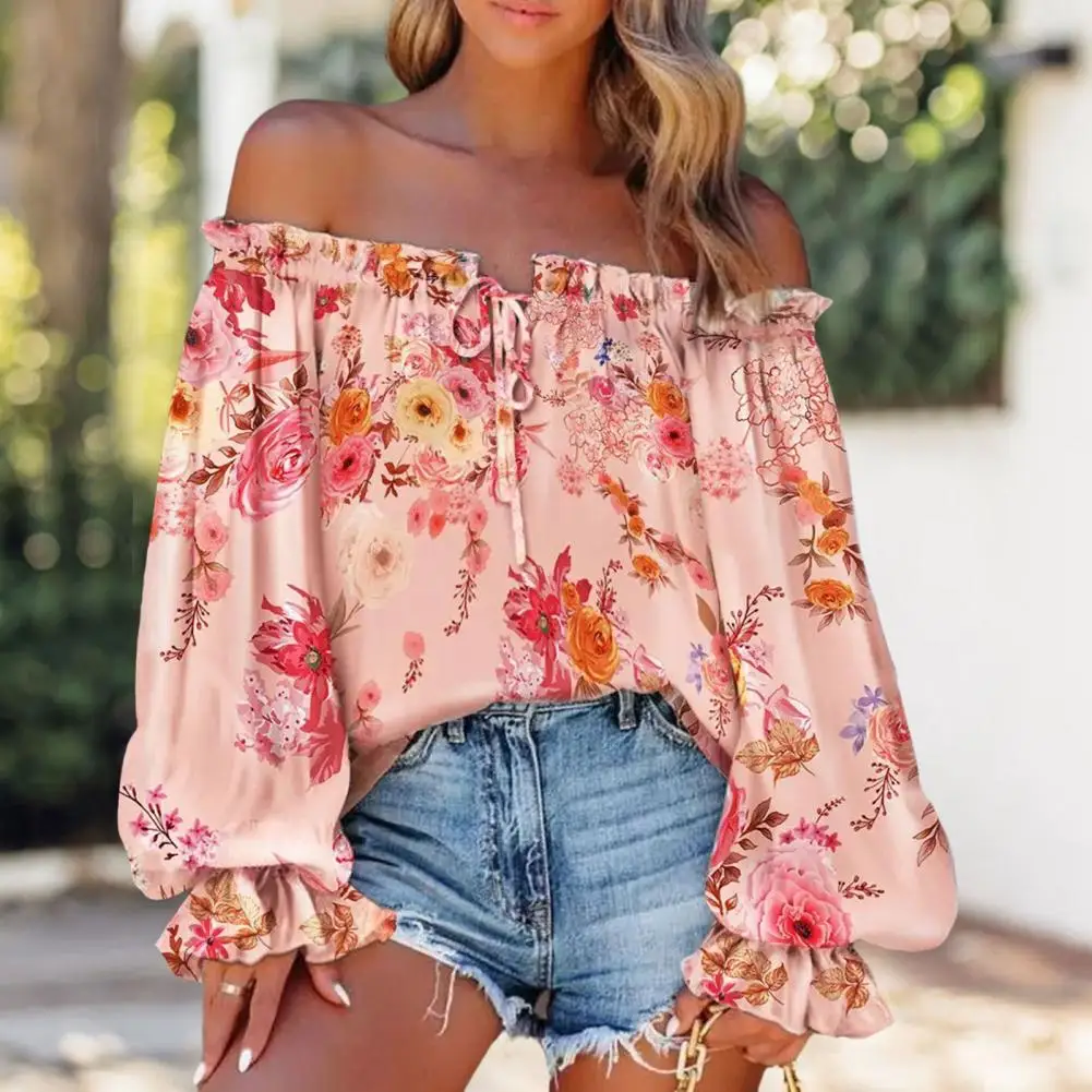 

Off Shoulder Ruffle Sheer Drawstring Collar Women Shirt Lantern Sleeve Fashionable Flower Print Casual Pullover Blouse Female Cl