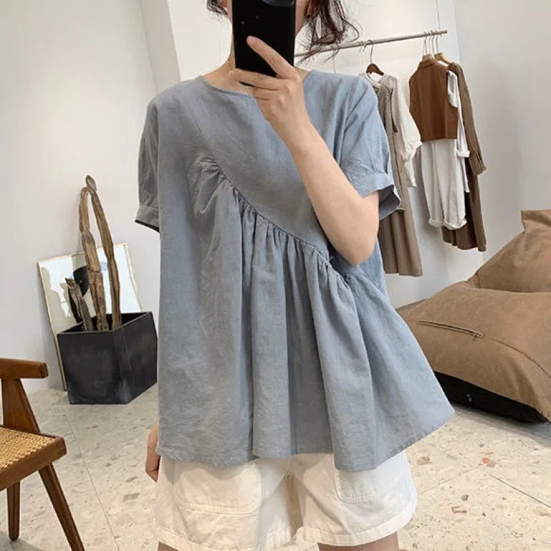 

Irregular Cotton Linen Shirt Women Summer Loose Thin Pullover Round Neck Short sleeve Doll Shirt Top