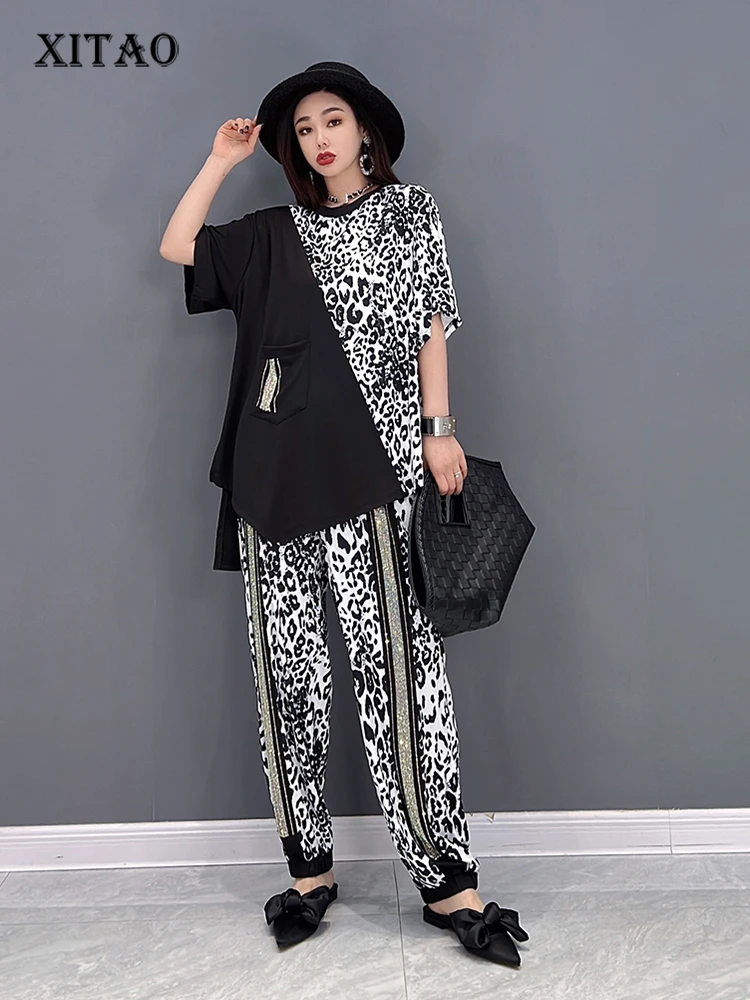 XITAO Two Piece Set Women Patchwork Print Pattern Pullover Split Top Elastic Waist Full Length Pants 2022 Summer  WLD7105