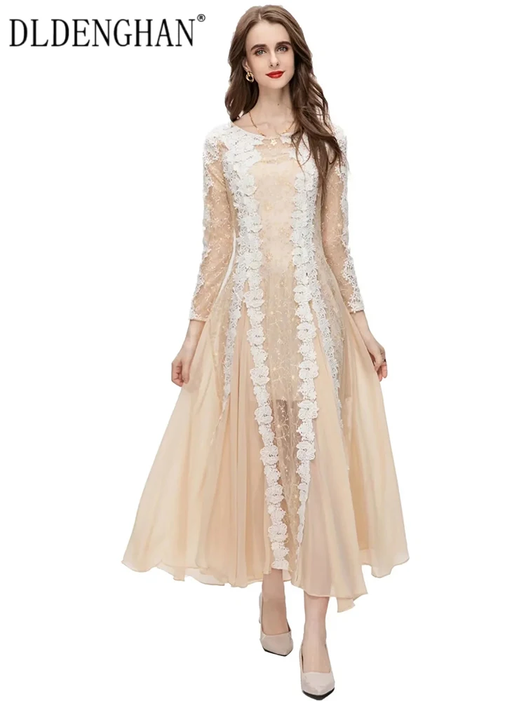

DLDENGHAN Spring Summer Dress Women O-Neck Long Sleeve Mesh Embroidery Lace Vintage Party Long Dresses Fashion Designer New
