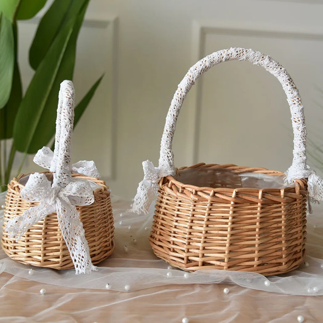 

Woven Flower Basket Rattan Storage Basket Flower Girl Lace Hand Basket Handmade Flower Basket With Bow