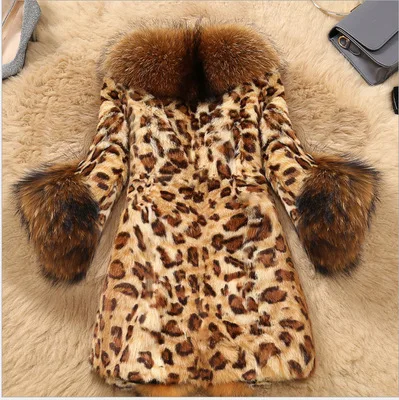 Ladies Leather Fur Coat Fall Winter Women's Faux Rabbit Fur Leopard Fur Women's Coat Plush Loose Furry Coat Faux Fur Coat
