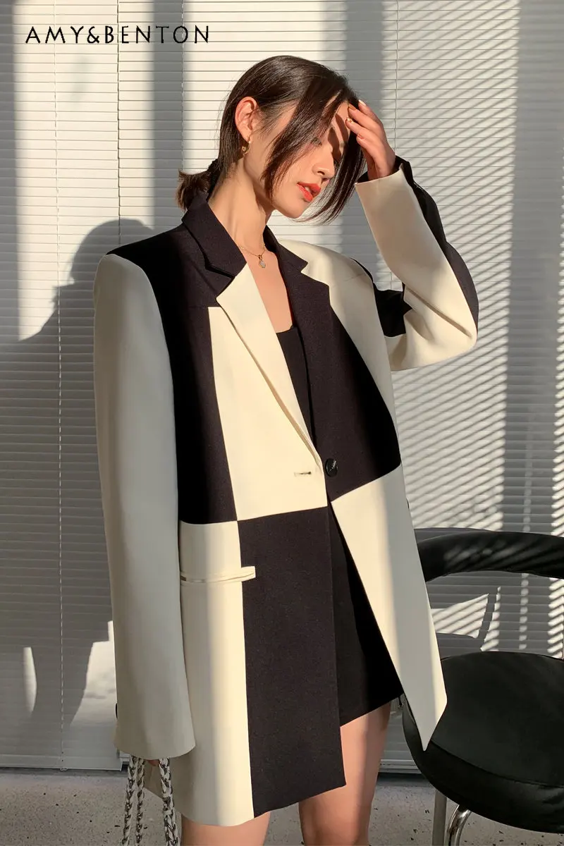 

Black and White Stitching Contrast Color Suit Coat for Women Spring and Autumn New Retro Design Loose Thin Looking Suit Jackets