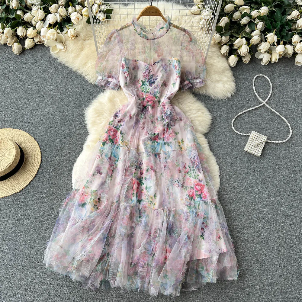 

Женское вечернее платье макси, элегантное Сетчатое платье с цветочным принтом и оборками, платье принцессы для выпускного вечера, лето 2022