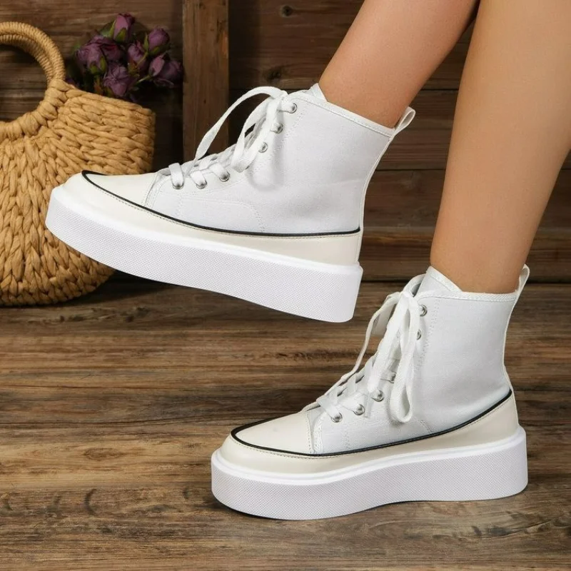 

Women's Shoes on Sale 2023 Fashion Women's Vulcanize Shoes Autumn New High Top Female Sneakers Lace-Up Platform Canvas Shoes