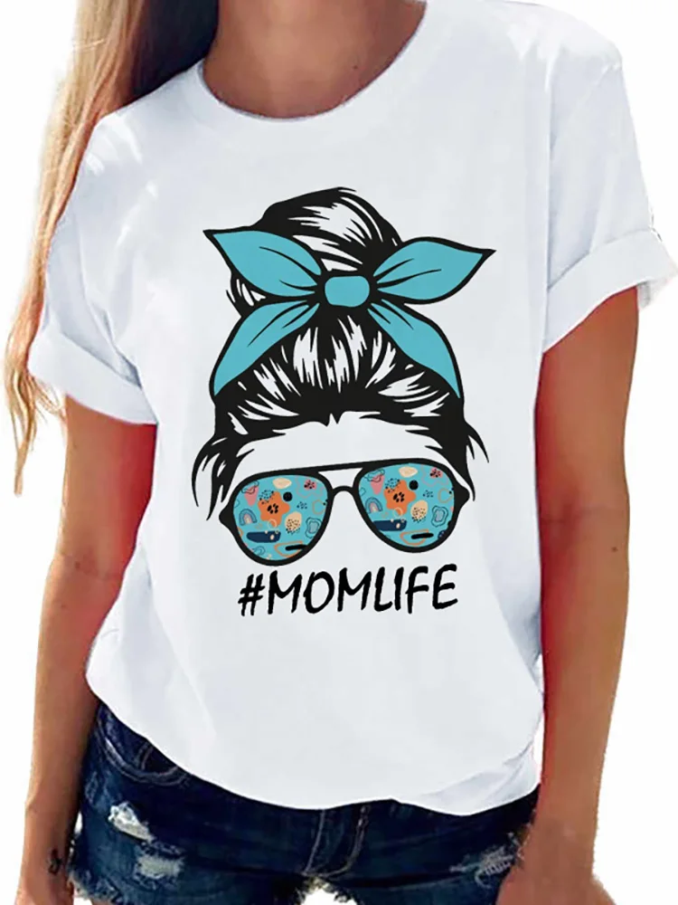 

Women Tshirt MOM Life Blue turban Fashion Tops Cartoon 90s Clothes T shirt Short Sleeve Summer White T-shirt Female Tee shirt