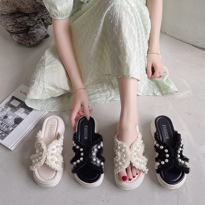 Canvas Pearl Slippers Women's Summer Shoes Fashion New Thick Sole Soft Sole Net Red Slippers
