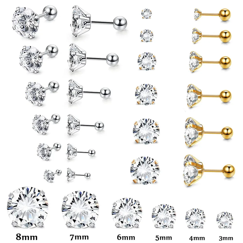 

1Pair All Size 2mm to 8mm Screw-back Stud Earrings 316l Stainless steel Classical AAA Round White Zircon Earring No Fade Allergy