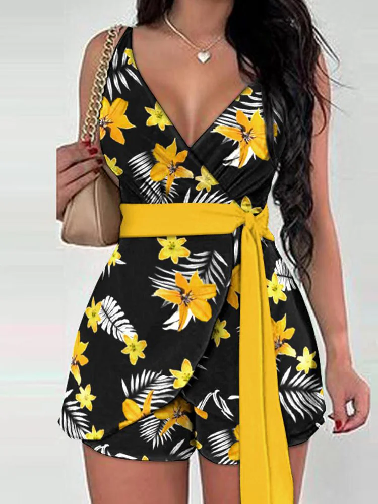 

Women Summer Sleeveless Lace-Up Top Shorts 2PCS Matching Sets Loungewear 2023 Printing V-Neck Slim Fit Ladies Outfit Streetwear