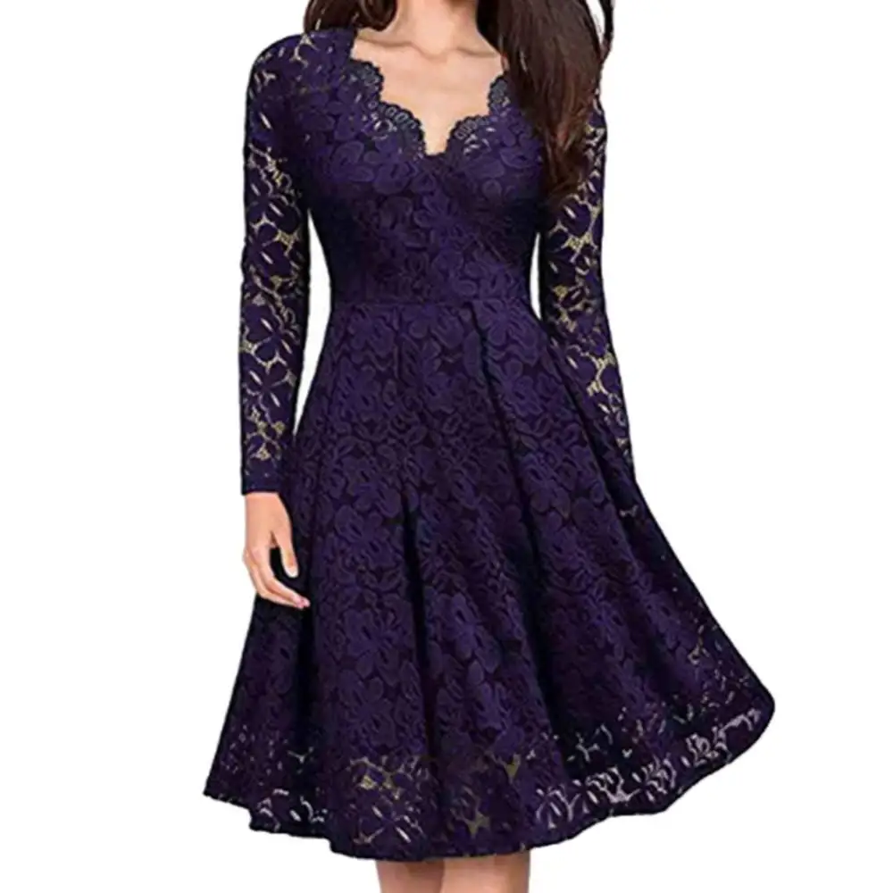 

Retro Women Dress Lace Floral V Neck Long Sleeve Tight Waist A-line Elegant Party Midi Dress Female Clothing Purple XXL