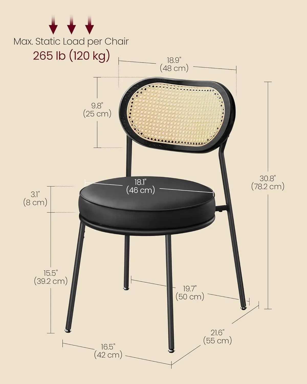 Обеденные стулья VASAGLE набор из 4 стульев для столовой со спинкой ротанга в стиле