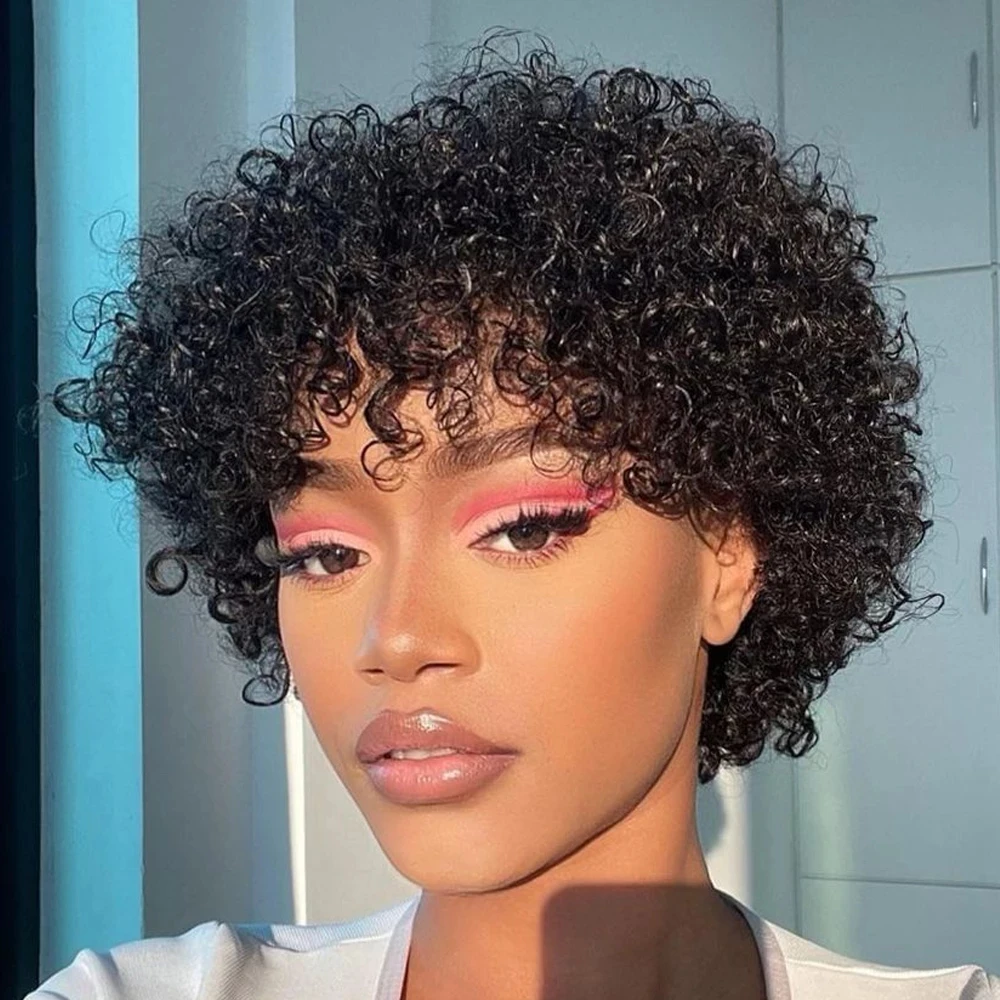 Voluminous Fluffy Pixie Cut Short Curly Human Hair Wigs With Bangs Machine Made Real Hair Wigs