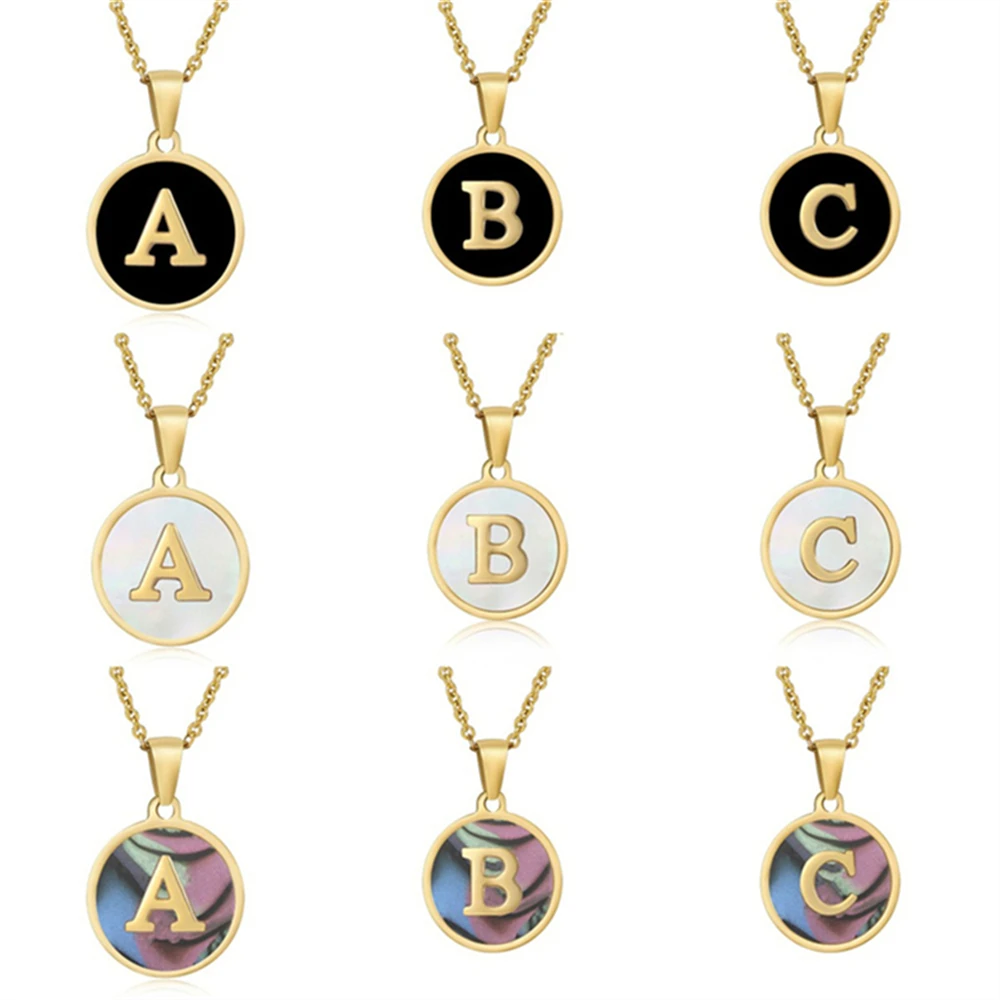Round A-Z Letters Necklaces for Women Men Gold Plated Initial Pendant Gold Chain Black Shell Letter Jewelry Necklace wholesale