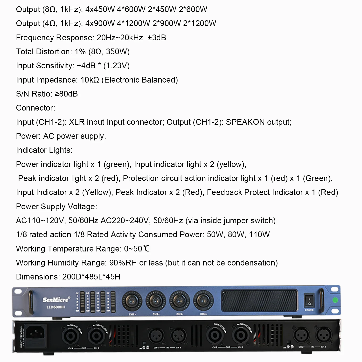 Фото SenMicre LED600 4X600 Вт, 8 Ом, цифровой усилитель мощности, 4-канальный профессиональный усилитель звука, DJ-сабвуфер, AMP 4X1200 Вт, 4 Ом, линейный массив, предусилитель, караоке, сценическое аудиосистема №3
