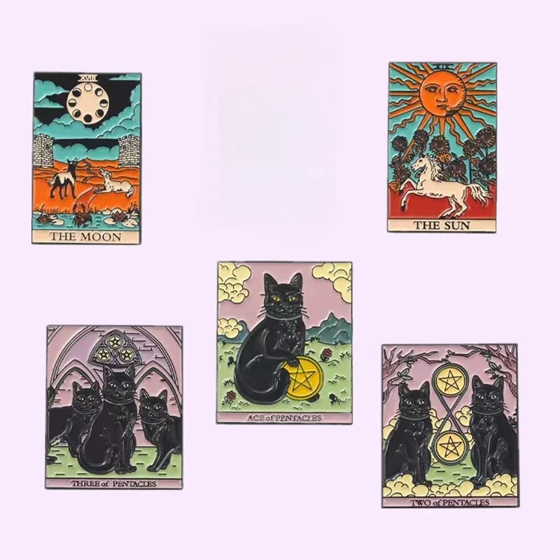 Пользовательские Эмалевые заколки на Хэллоуин Таро чёрная кошка собака солнце