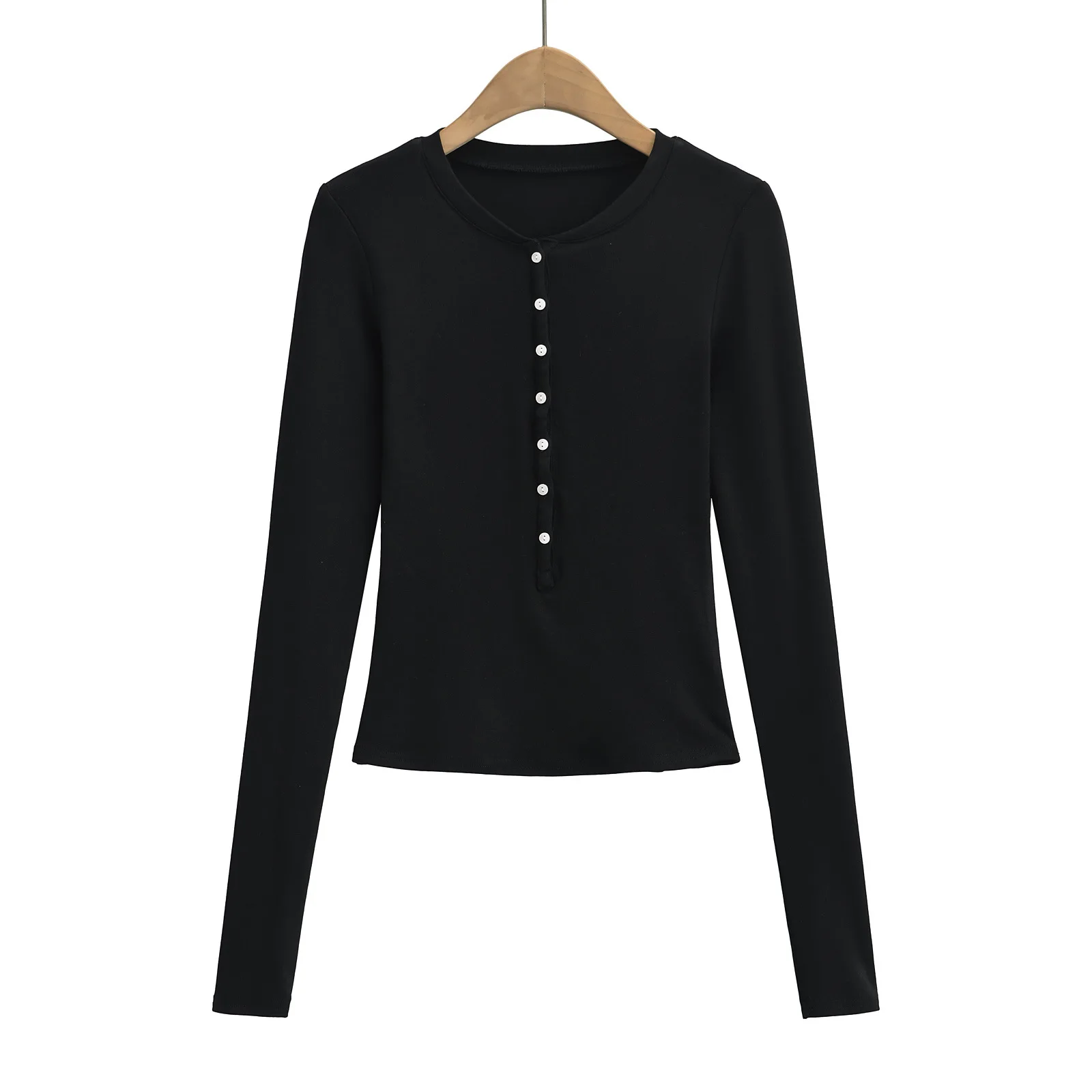 Женский однотонный топ на пуговицах с круглым вырезом и длинным рукавом