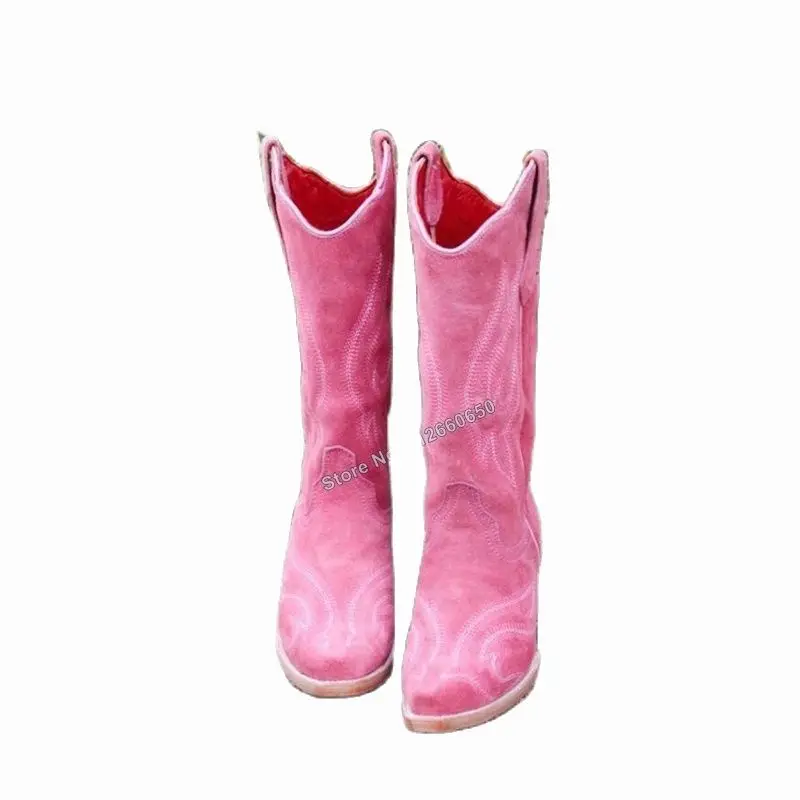 Moraima Snc Pink Solid Sewing Pleated Boots Women Slip on Mid Calf Boots Round Toe Stilettos High Heels Runway Shoes on Heels