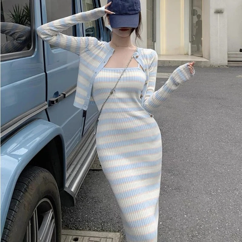 

Spring Autumn Women Sweet Striped Knit Two Piece Set Fashion Casual Knitted Long Sleeve Cardigan + Suspender Skirt Suit 2 Piece