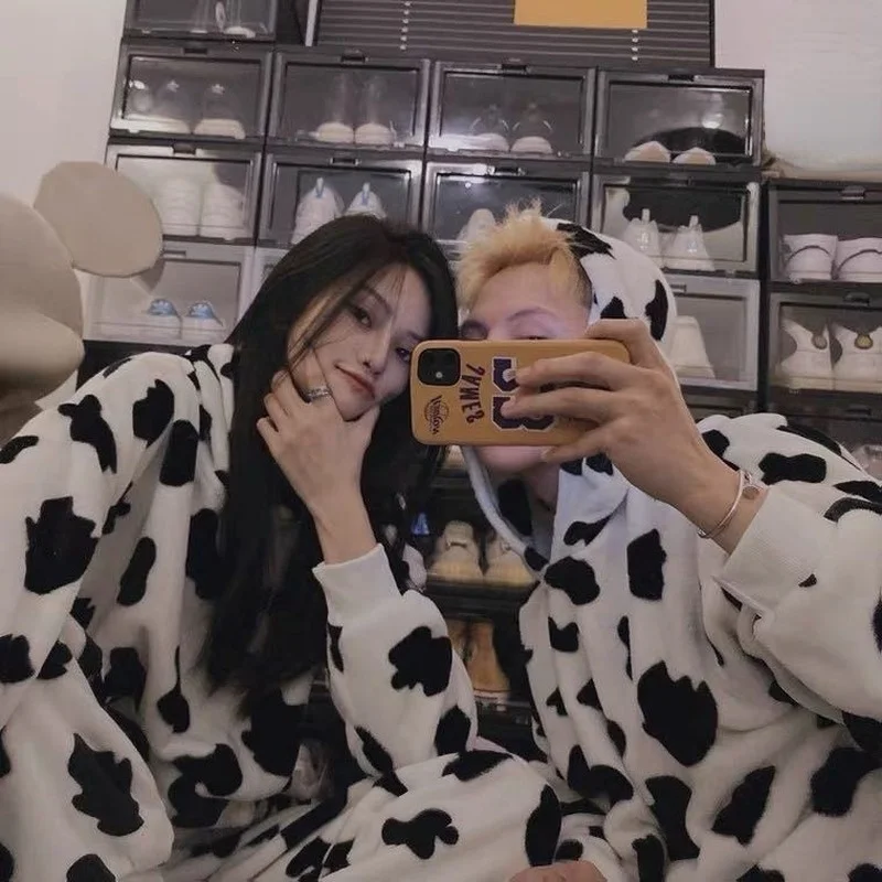 QWEEK Cow Print Coral Fleece Hooded Pajama Set Women Couple Pijama Winter Kawaii Sleepwear Female Negligee Pyjama Loungewear Pjs